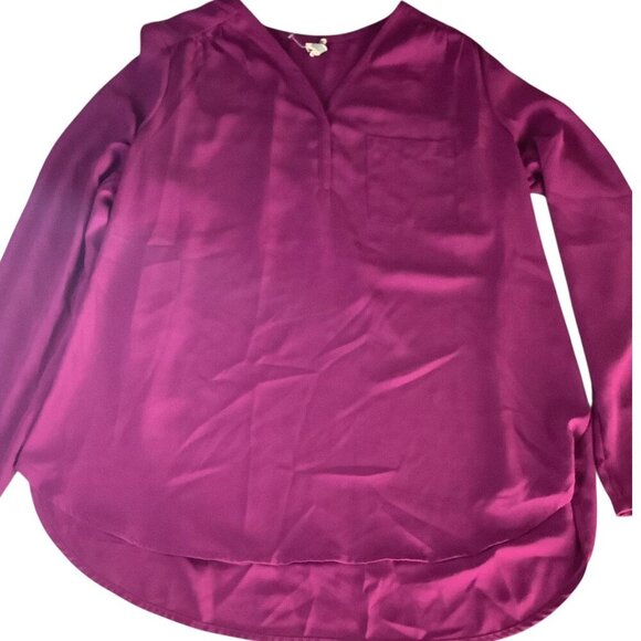 Pleione Womens' Long Sleeve Blouse Size L Magenta Polyester V-Neck Front Pocket - Picture 9 of 14